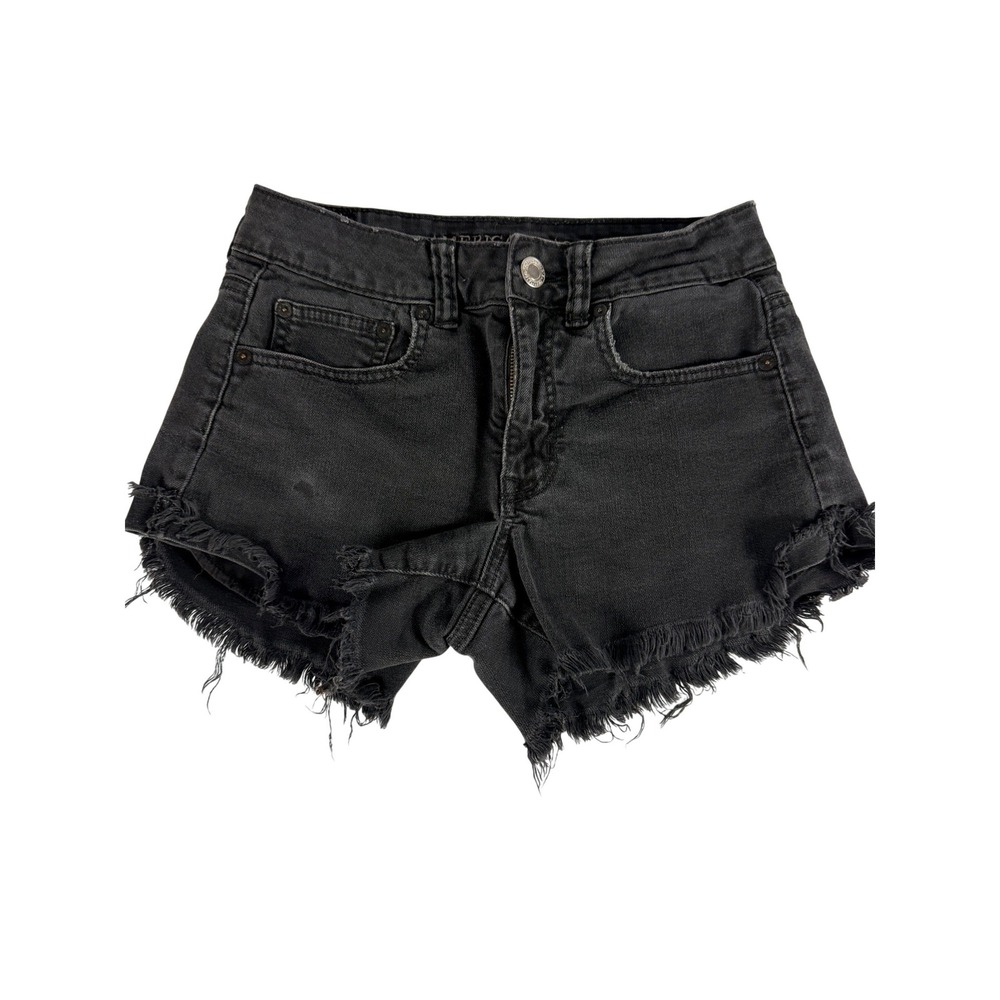 American Eagle Hi-Rise Festival Shorts 4 Washed Black Frayed Hem Stretch Denim